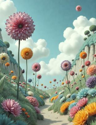 The primary subject of the image is a colorful flower garden with a variety of flowers, including pink, yellow, and purple ones. The setting is a hillside with a pathway leading through the garden. The visual style is a digital art or illustration, creating a vibrant and lively atmosphere. The dominant colors and overall mood of the image are cheerful, lively, and full of life.